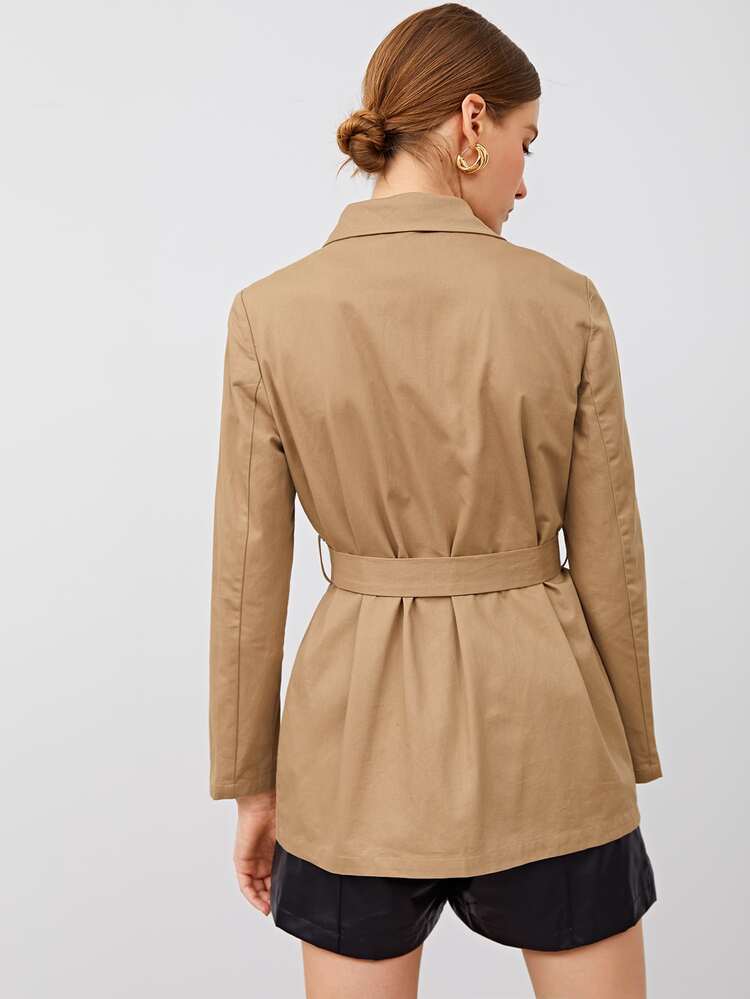 SHEIN Double-breasted Patch Pocket Belted Coat - Camel - View 2
