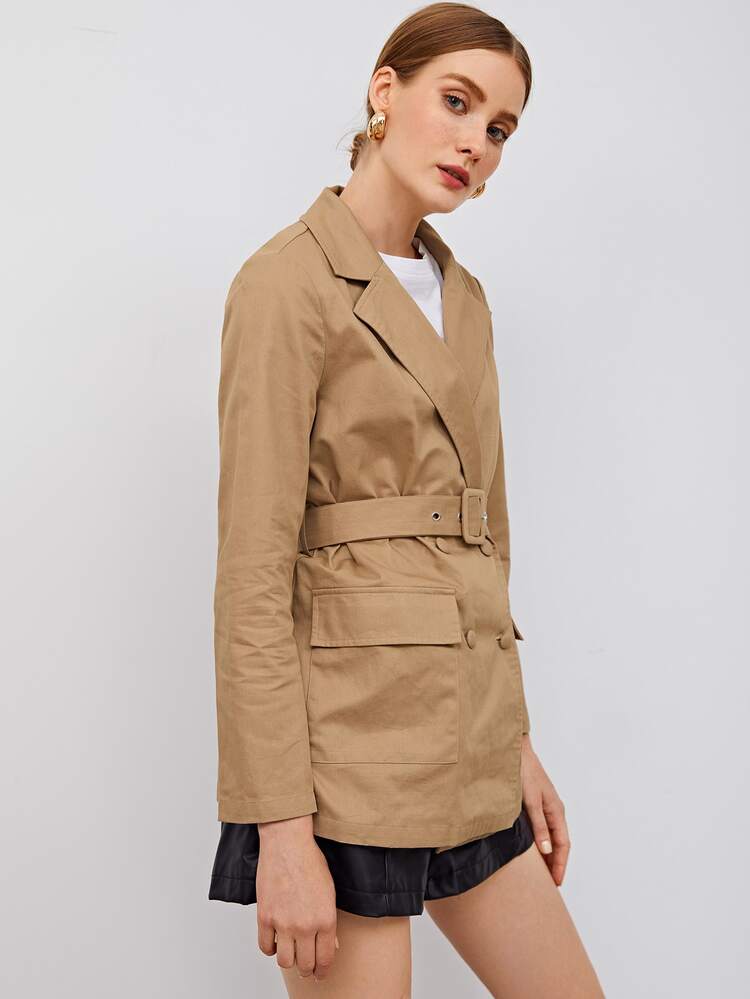 SHEIN Double-breasted Patch Pocket Belted Coat - Camel - View 5