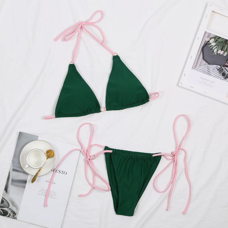 

Triangle Tie Side Bikini Swimsuit, Dark green