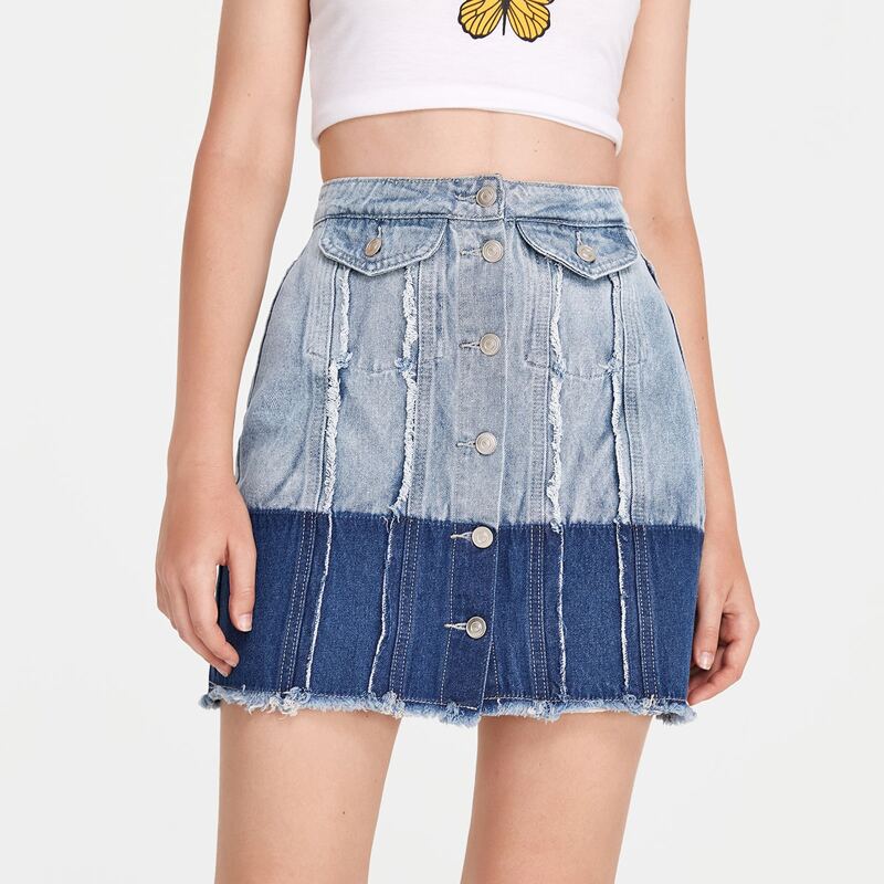 

Colorblock Button Front Raw Hem Denim Skirt, Multicolor