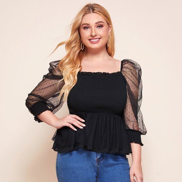 

Plus Mesh Puff Sleeve Shirred Peplum Top, Black