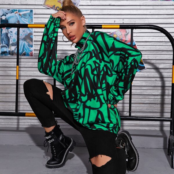 

Drop Shoulder Zip Up Graffiti Sweatshirt, Green