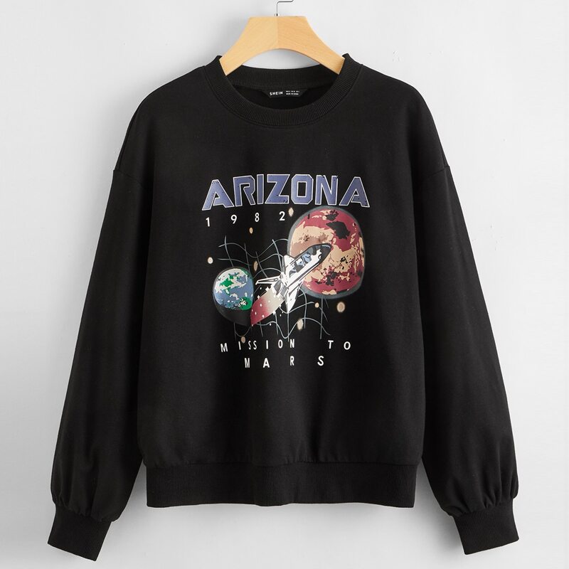 

Drop Shoulder Letter and Galaxy Print Pullover, Black