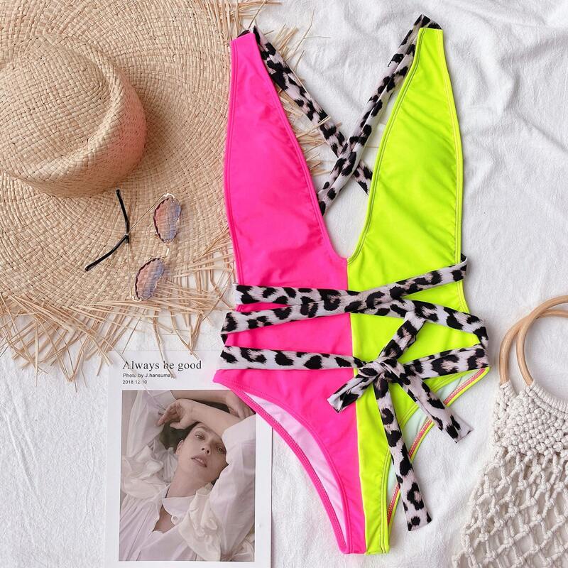 

Color Block Tie Front One Piece Swimsuit, Multicolor