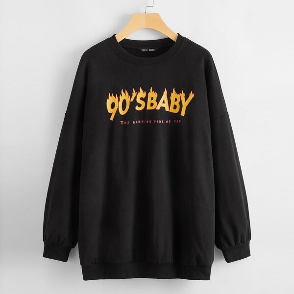

Drop Shoulder Slogan Graphic Pullover, Black