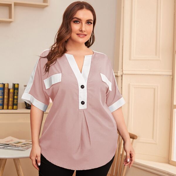 

Plus Curved Hem Colorblock Blouse, Dusty pink