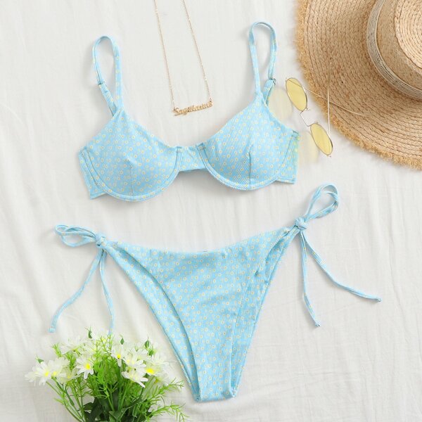 

Ditsy Floral Underwire Tie Side Bikini Swimsuit, Bright mint blue