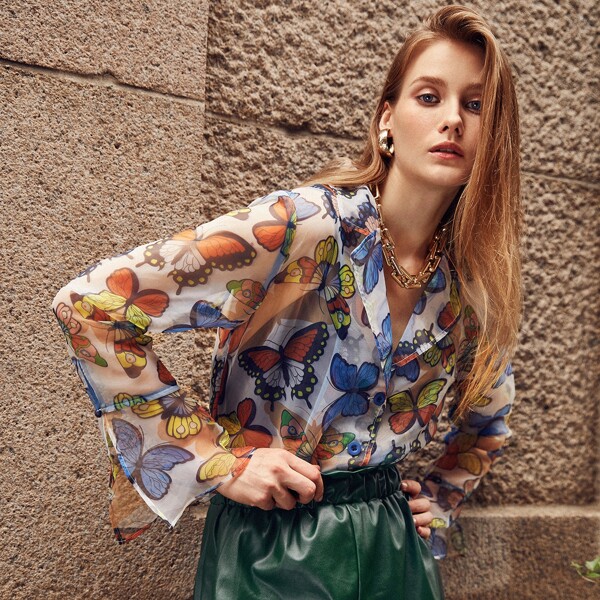 

Butterfly Print Lapel Neck Organza Outerwear, Multicolor