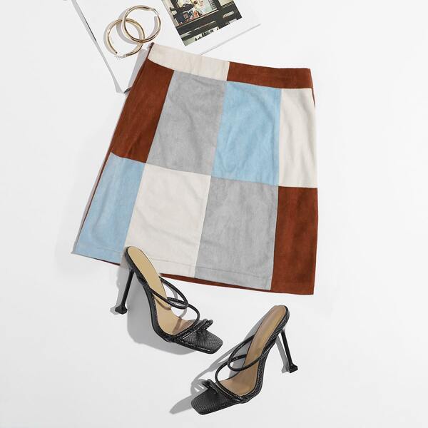 

Zipper Detail Colorblock Suede Skirt, Multicolor