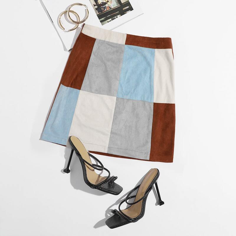 

Zipper Detail Colorblock Suede Skirt, Multicolor