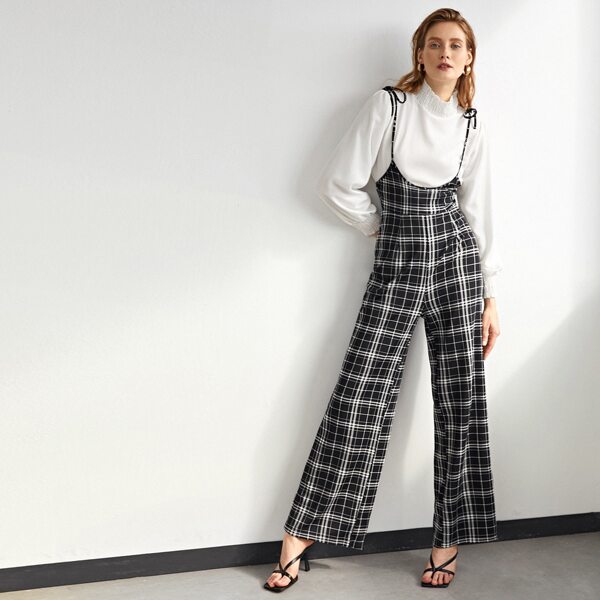 

Tie Shoulder Plaid Cami Jumpsuit, Black and white