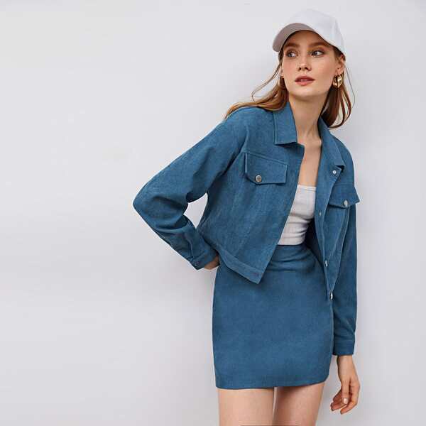 

Single Breasted Cord Jacket & Skirt Set, Dusty blue