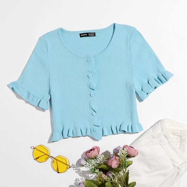 

Frill Trim Button Front Cardigan, Baby blue