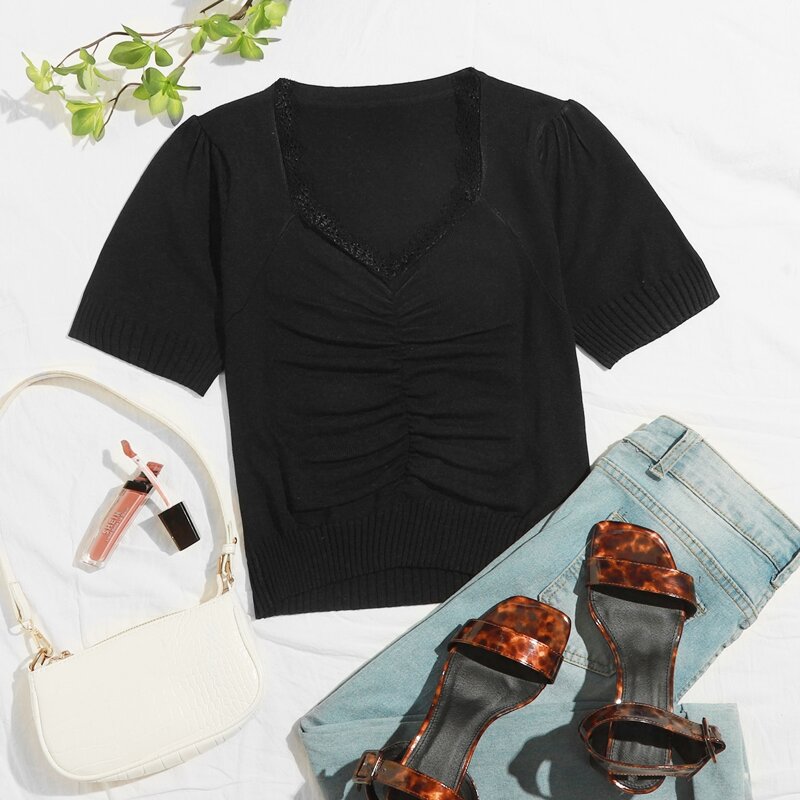 

Lace Trim Ruched Knit Top, Black