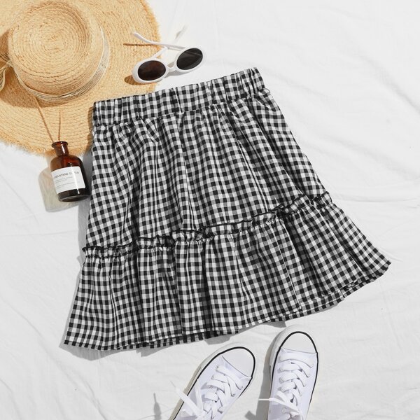 

Frill Trim Ruffle Hem Gingham Skirt, Black and white