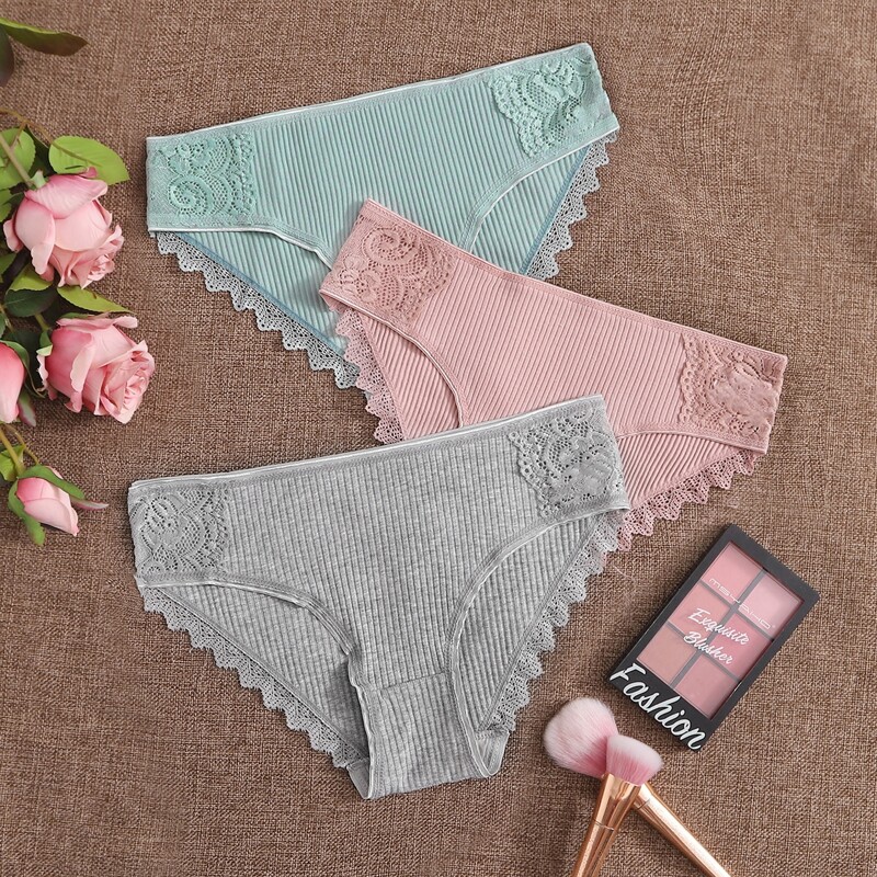 

3pack Lace Trim Ribbed Panty Set, Multicolor