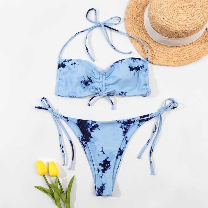 

Tie Dye Drawstring Tie Side Bikini Swimsuit, Blue
