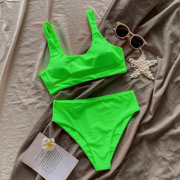 

Neon Green Cut-out High Waisted Bikini Swimsuit, Neon lime green