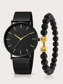 1 Pieza Reloj Minimalista Para Hombre Y 1 Pieza Brazalete - Negro - Ver 1