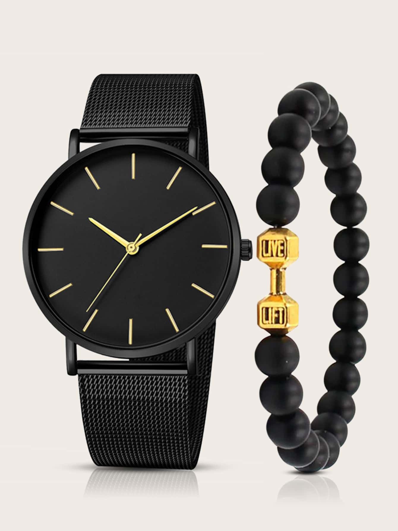 1 Pieza Reloj Minimalista Para Hombre Y 1 Pieza Brazalete - Negro - Ver 1