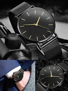 1 Pieza Reloj Minimalista Para Hombre Y 1 Pieza Brazalete - Negro - Ver 5