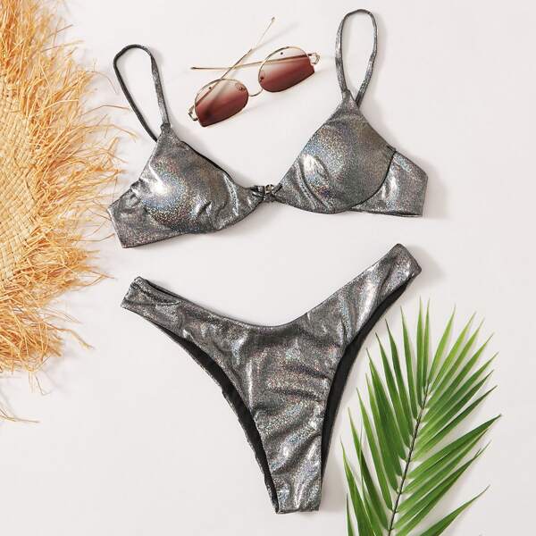 

Glitter High Leg Bikini Swimsuit, Silver