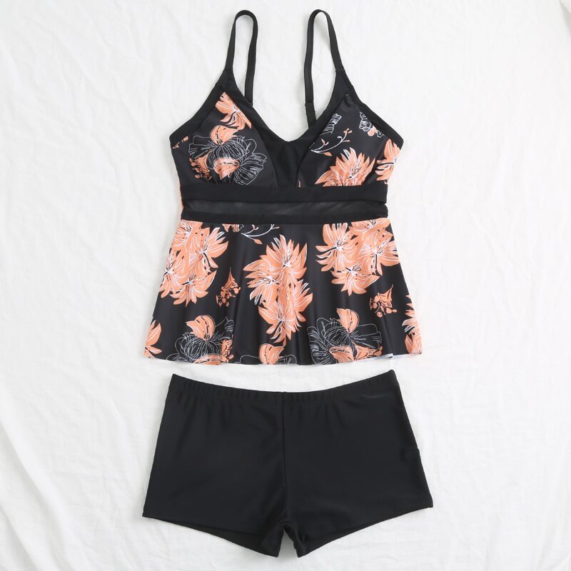 

Floral Contrast Mesh Bikini Swimsuit, Black