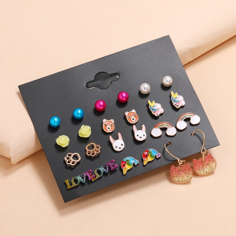 

12pairs Cartoon Earrings Set, Multicolor
