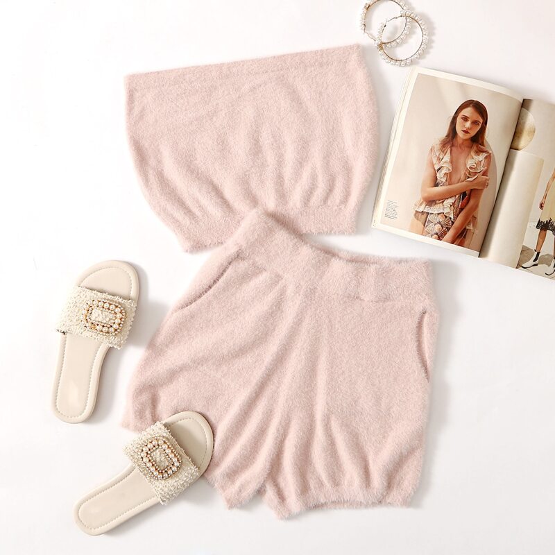 

Fluffy Knit Bandeau Top & Shorts Set, Baby pink