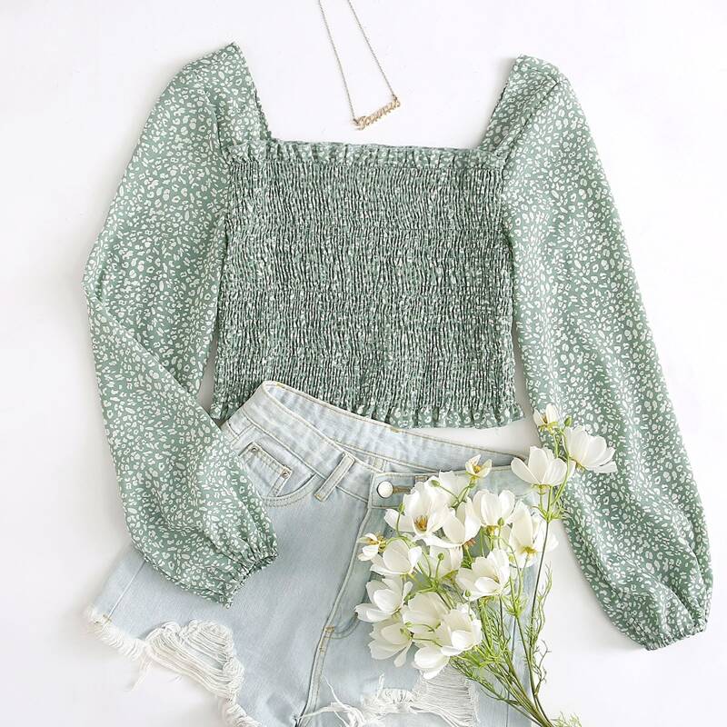 

Allover Shirred Frill Trim Blouse, Mint green