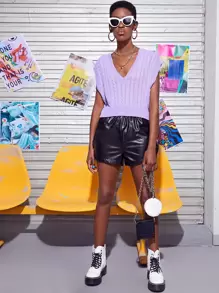 SHEIN Essnce Cable Knit V-neck Sweater Vest - Lilac Purple - View 5