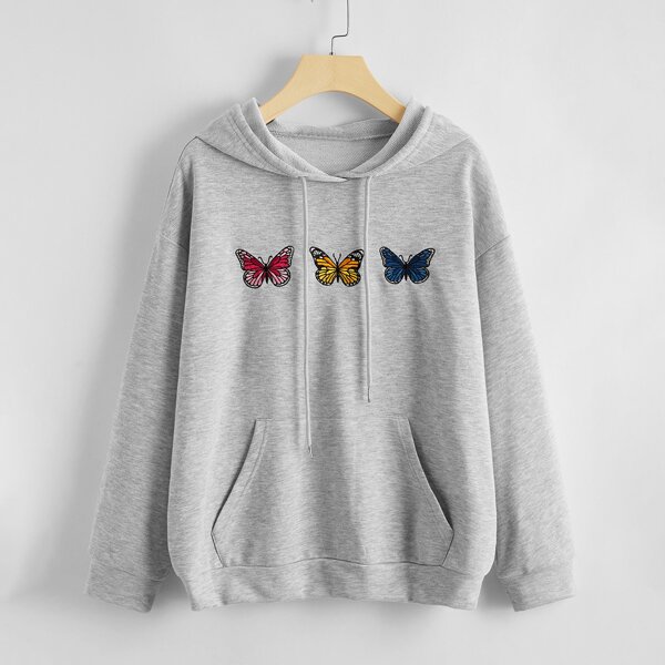 

Drawstring Detail Butterfly Embroidered Hoodie, Grey