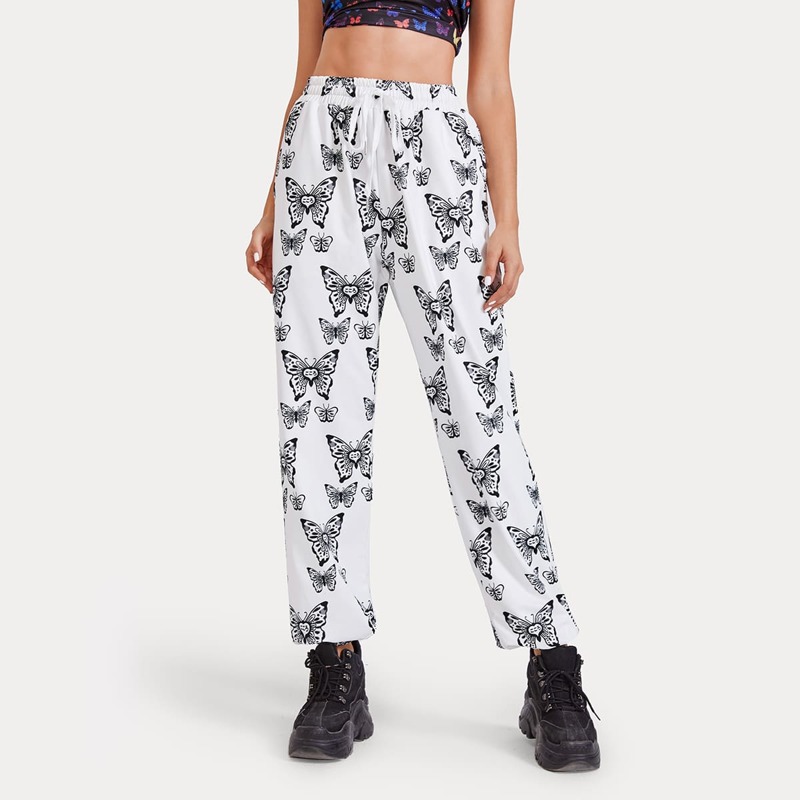

Butterfly Drawstring Pants, Black and white