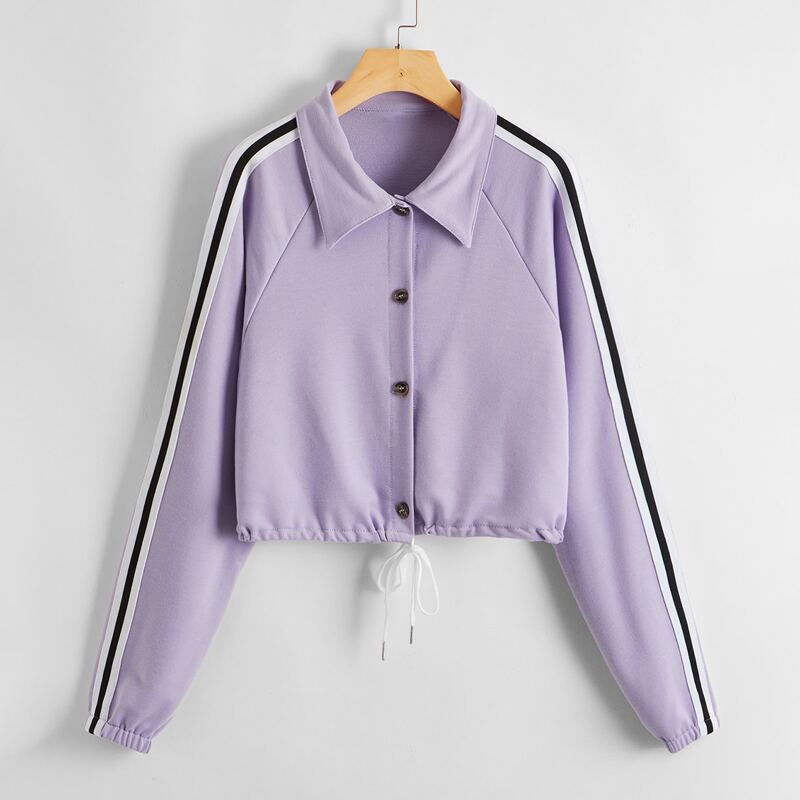 

Striped Tape Drawstring Hem Jacket, Lilac purple