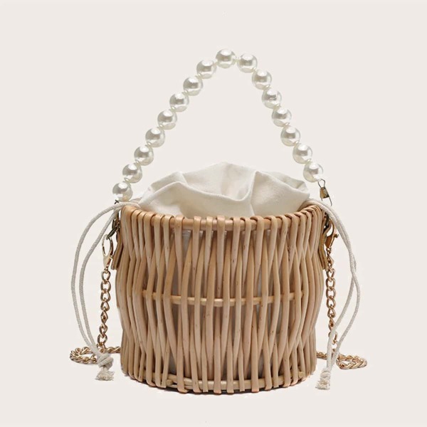 

Faux Pearl Decor Handle Woven Bucket Bag, Khaki