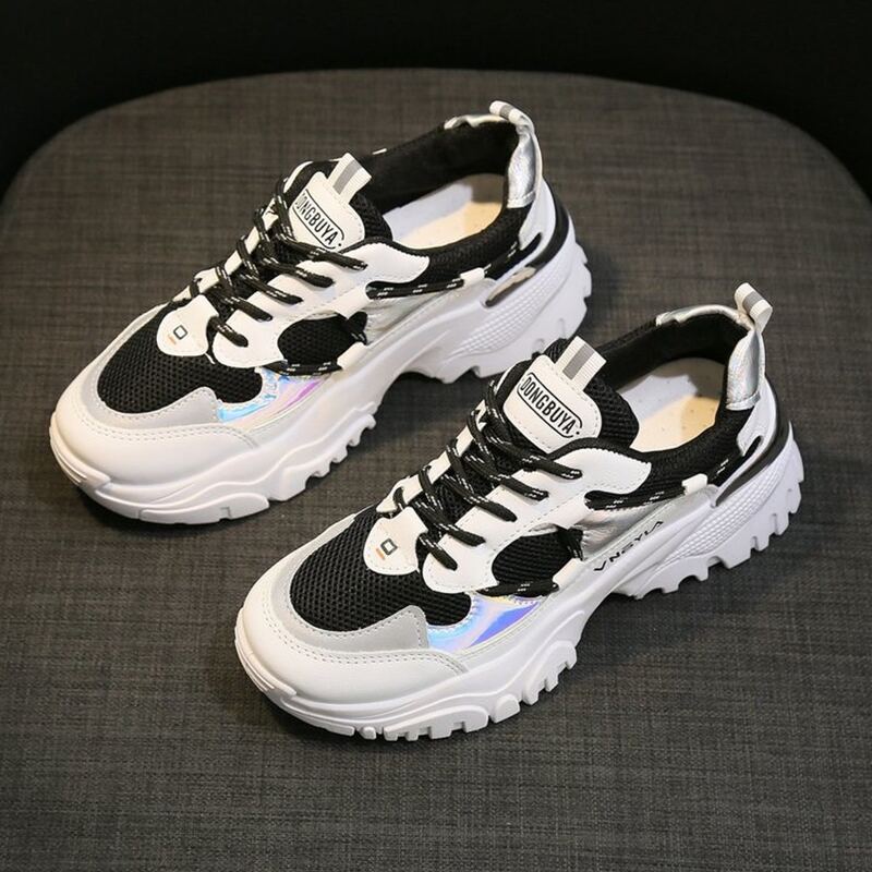 

Colorblock Lace-up Chunky Sneakers, Black and white