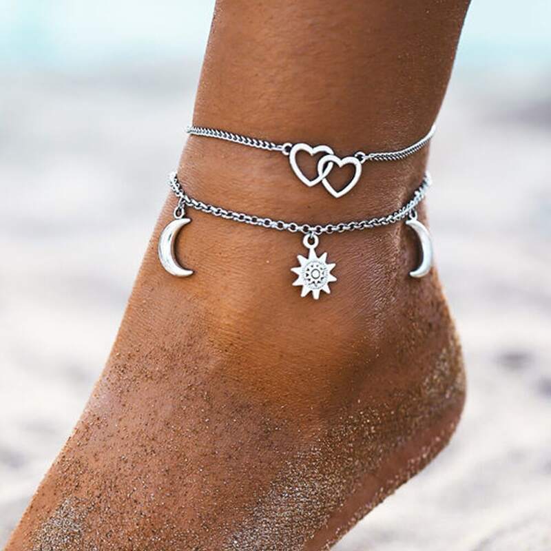 

Moon & Heart Chain Anklet, Silver