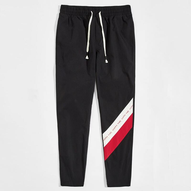 

Guys Letter Graphic Drawstring Waist Pants, Black