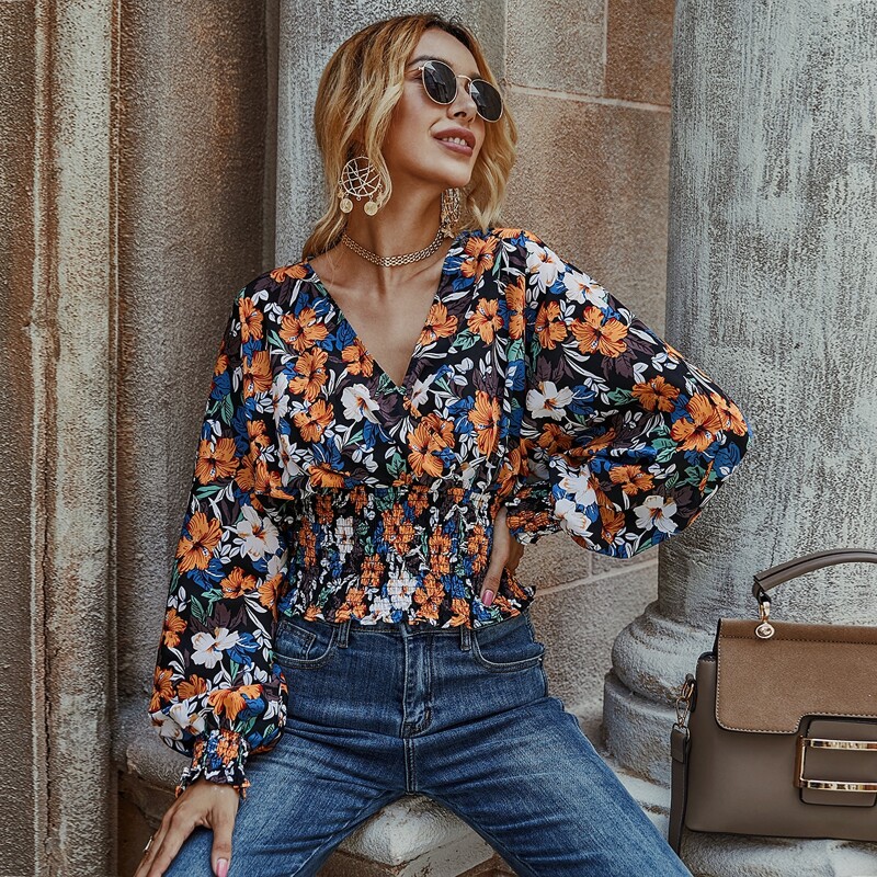 

Allover Floral Shirred Waist Blouse, Multicolor
