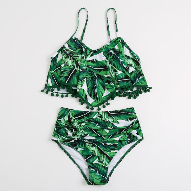 

Tropical Pom-pom Trim High Waisted Bikini Swimsuit, Green