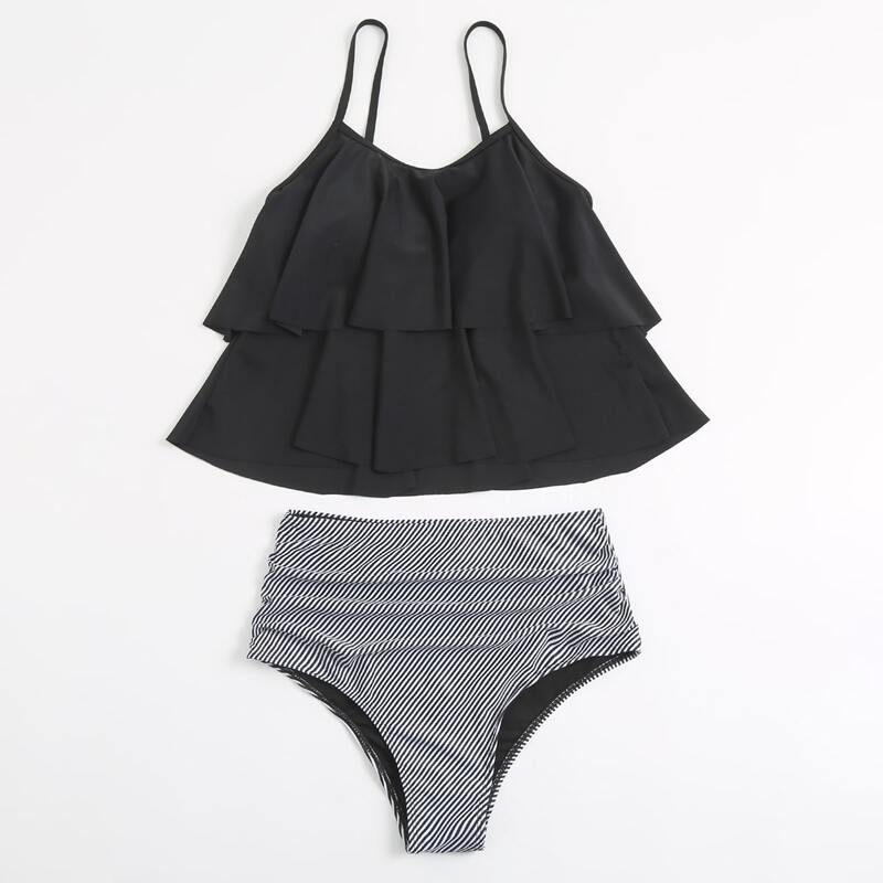 

Striped Layer Ruffle High Waisted Bikini Swimsuit, Black and white