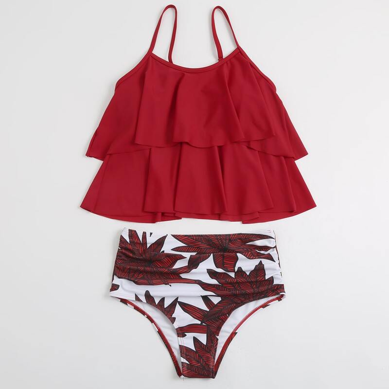 

Leaf Print Layer Ruffle High Waisted Bikini Swimsuit, Red