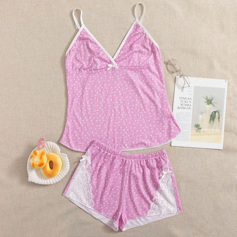 

Contrast Lace Star Print Shorts PJ Set, Baby pink