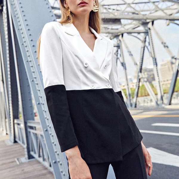 

Peak Collar Double Breasted Colorblock Blazer, Black and white
