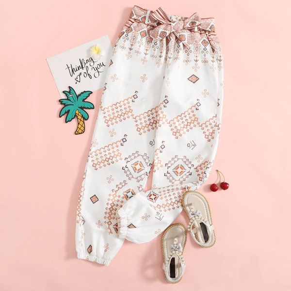 

Girls Tribal Print Belted Pants, White