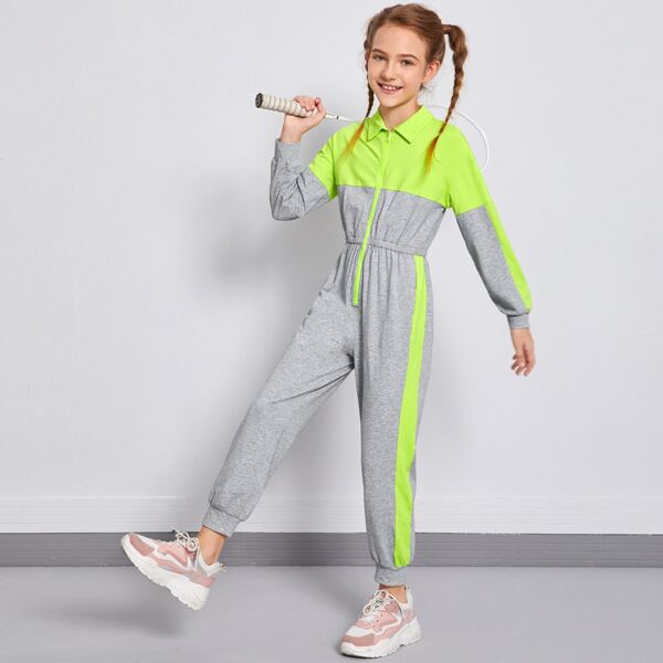 

Girls Zipper Front Striped Side Colorblock Jumpsuit, Grey