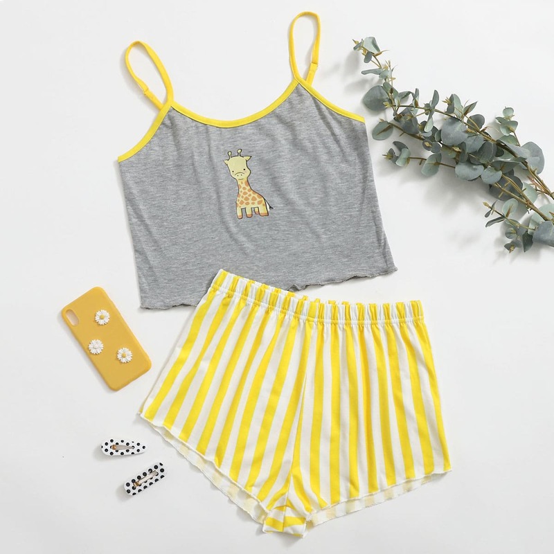 

Cartoon Ringer Cami & Stripe Shorts PJ Set, Multicolor