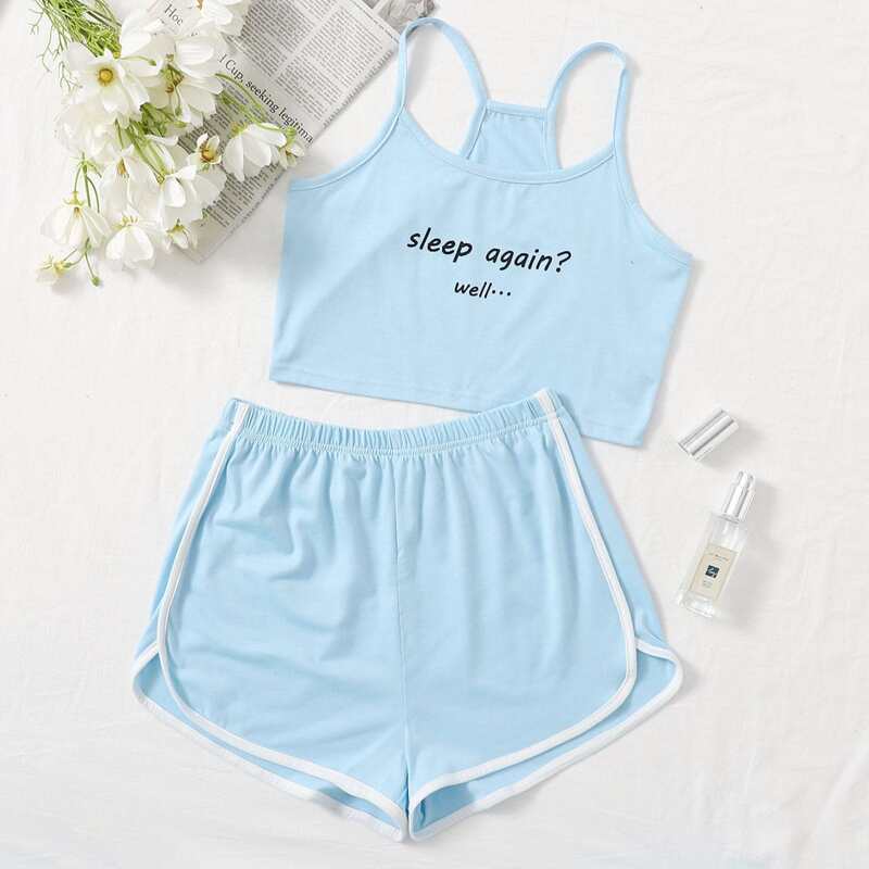 

Letter Print Cami & Dolphin Shorts PJ Set, Pastel baby blue