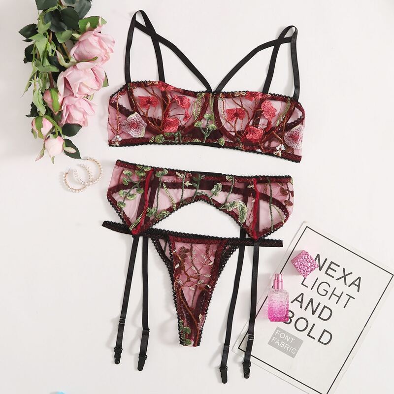 

Floral Embroidery Underwire Garter Lingerie Set, Multicolor