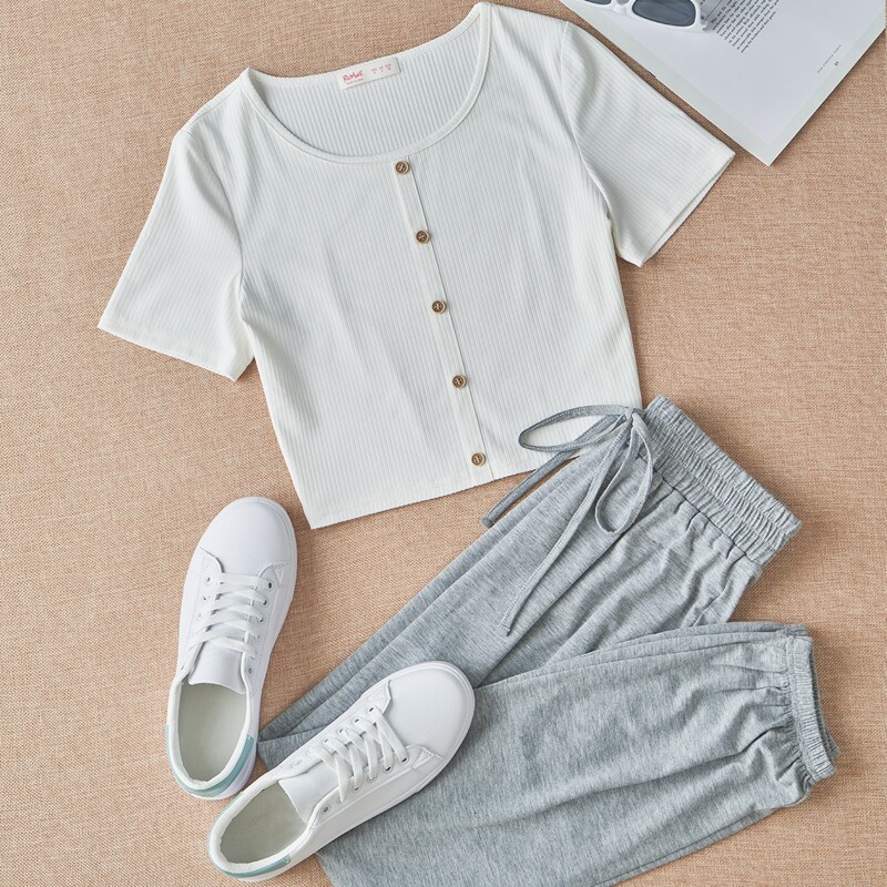 

Button Front White Tee & Pants, Multicolor